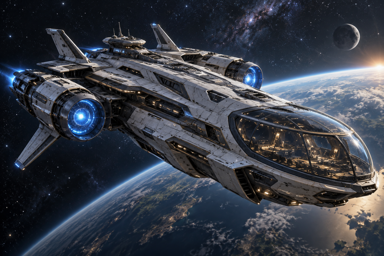 The Odisea Azul spaceship above a blue planet